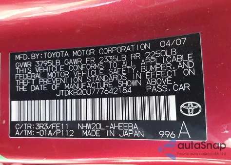 2007 Toyota Prius z USA, uszkodzony, nr VIN JTDKB20U777642184